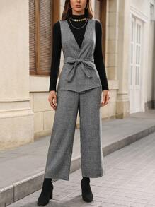 Chiquease 2 Cái/bộ Quần Không Tay Cổ Chữ V Sâu Có Thắt Lưng Và Quần Thanh Lịch Cho Nữ - Màu xám đen - Xem 1