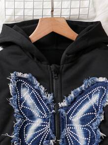 2 Stücke/Set Tween-Mädchen Set aus Kapuzen-Sweatshirt mit Schmetterlings-Patches und Jogginghose