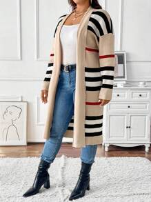 Calvaya Cárdigan de punto suelto y de manga larga con hombros caídos a rayas, de estilo elegante para mujer de tallas grandes, para el invierno