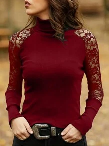 Women's Spring & Summer Solid Color Lace Patchwork Turtleneck Long Sleeve T-Shirt - Burgundy - View 1