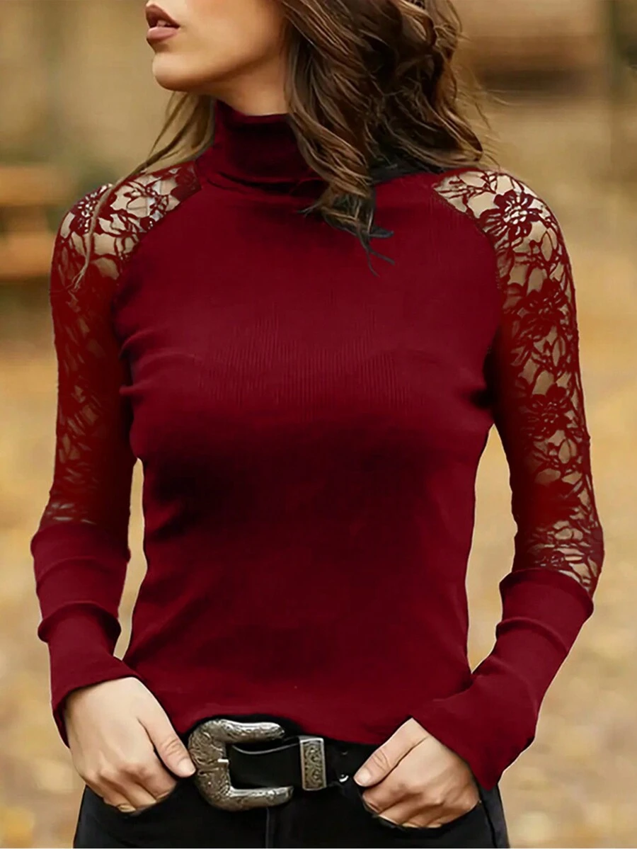 Women's Spring & Summer Solid Color Lace Patchwork Turtleneck Long Sleeve T-Shirt - Burgundy - View 1