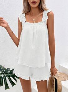 Breezaya Solid Ruffle Trim Top & Shorts - White - View 3