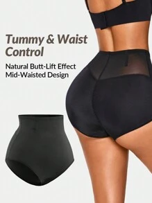 SHAPORA Quần short định hình lưới chắp vá màu trơn cho nữ - màu đen - Xem 1