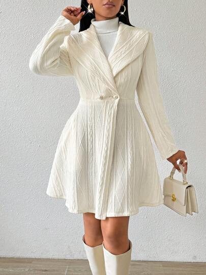 SHEIN Lady 春夏休闲优雅工作秋冬长袖中长外套短外套白色纹理精纺女式大衣