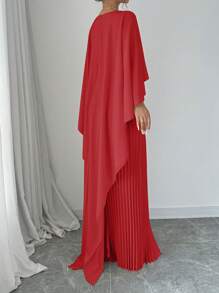 Elenzga 优雅女士纯色斗篷袖褶边连衣裙，女士优雅褶皱无袖圆领常规版型长款红色斗篷袖纯色 A 字女式长裙，春/秋，休闲日常装新年服装长款女装 - 紅色 - 查看 2