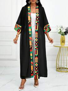 SHEIN Lady 四季女士长袖女士紧身衣秋季衣服图腾非洲印花拼布和服罩衫夏季