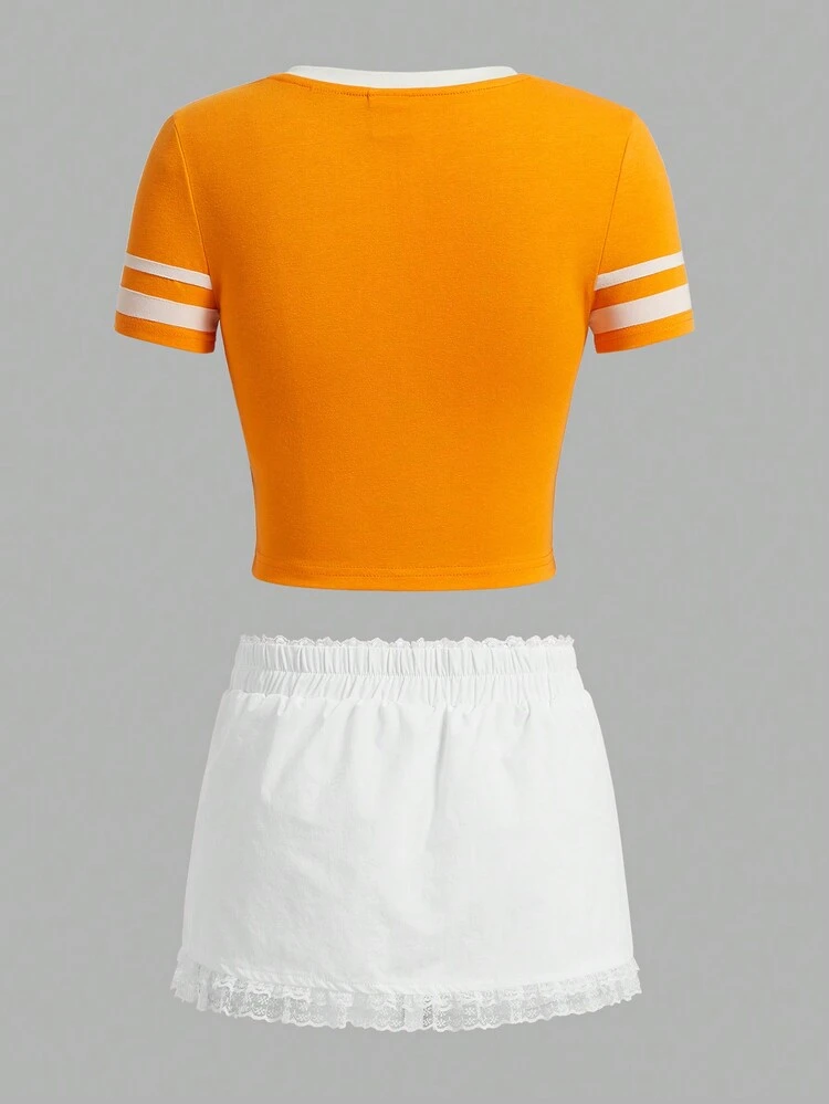 Women's Summer Casual Color Block Letter Printed Cropped T-Shirt With Lace Trimmed Shorts 2pcs Outfits