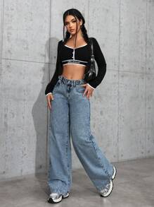 SHEIN EZwear Women Casual Button Waist Belt Pocket Straight Leg Jeans For Street Fashion - Blue - View 4