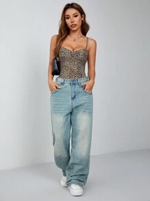 SHEIN PETITE Leopard Print Knitted Bustier Halter Top