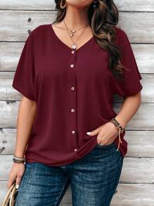 EMERY ROSE Plus Size Women's Solid Color Button Embellished Short Sleeve Shirt For Spring - Rose Red - View 2