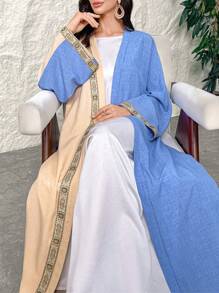 Al Najma 女式拼布花卉装饰色块宽松长袖阿拉伯长袍，适合日常休闲/旅游/假日/度假/聚会 - 藍色 - 查看 6