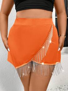 SHEIN Privé Pantalones cortos ajustado elegantes con cadena y decoración con borlas, talla grande, para primavera y verano - Naranja - Ver 3