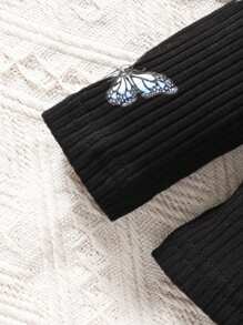 SHEIN 女婴字母印花圆领长袖上衣和蝴蝶印花松紧腰口袋牛仔裤休闲 2 件套 - 彩色 - 查看 11