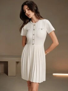 Anewsta Delicate Ruffled Waist Cinching Beige Knitted Party Dress For Ladies - Beige - View 6