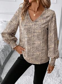 SHEIN Clasi Blusa recta holgada de manga larga con cuello en V, con estampado floral menudo color albaricoque, elegante y cómoda, apta para uso diario y para ir al trabajo - Multicolor - Ver 3