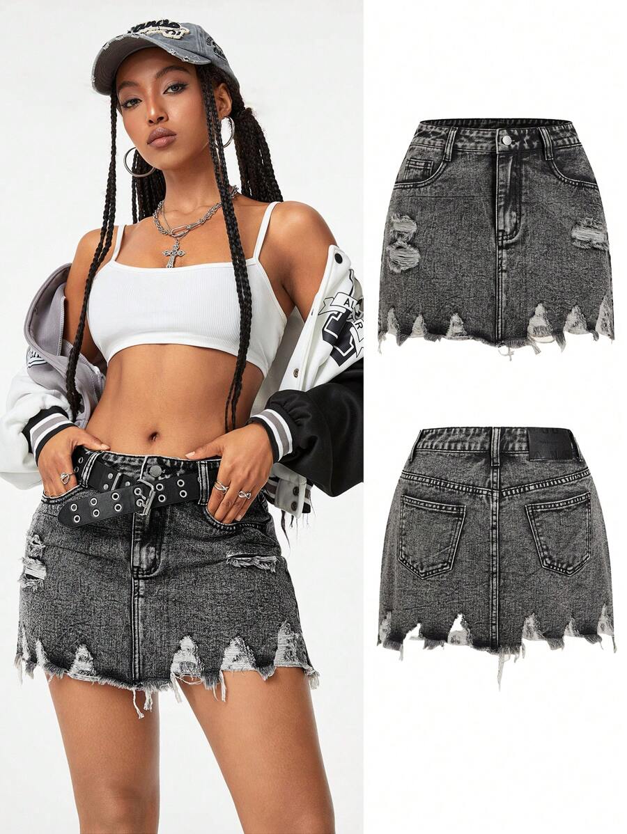 SHEIN EZwear Women's Ripped & Frayed Hem Vintage Washed Denim Mini Skirt, - Black - View 1