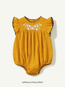 Cozy Pixies Baby Girl Floral Print Round Neck Bodysuit With Ruffle Trim - Yellow - View 7