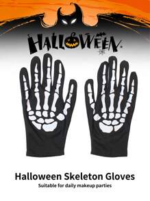 Skeleton Lace Gloves, Bone Pattern Gloves, Gothic Style Costume Props For Halloween - Black and White - View 1