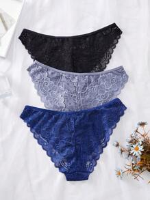 3 件套蕾丝设计简约浪漫女士三角裤内衣 - 彩色 - 查看 2