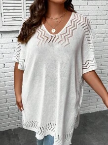 SHEIN Swim Curve 大码纯色 V 领短袖镂空罩衫，休闲日常夏季服装 - 白色 - 查看 3