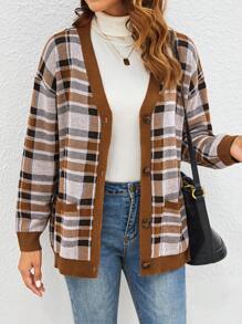 SHEIN LUNE Women's Autumn V-Neck Plaid Button-Up Cardigan Sweater - Multicolor - View 6