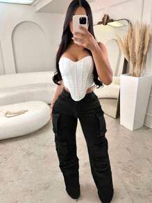 Women's Street Style Distressed Denim Effect Cargo Pants - Black - View 5