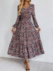 EMERY ROSE Vacation Dress Women's Ditsy Floral Print Long Sleeve V Neck Smock Long Dress
