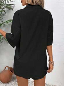 EMERY ROSE 女士假日休閒純色短袖襯衫和短褲套裝 - 黑色 - 查看 2