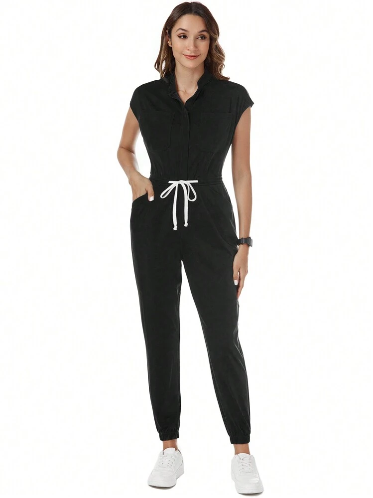 TaskEZ Macacão Uniforme de Enfermeira com Gola Padre, Bolso com Zíper e Manga Curta, em Cor Sólida - Preto - Visão 7