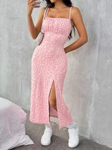 SHEIN EZwear 女式花卉印花针织侧开衩长款吊带连衣裙，度假 - 淺粉色 - 查看 5