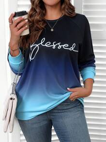 EMERY ROSE Felpa casual con scollo a girocollo e maniche lunghe con stampa di lettere in sfumatura blu per donne taglie forti, abbigliamento autunnale - Blu - Visualizzare 6