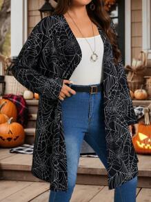 EMERY ROSE Veste de mode à manches longues, ample et décontractée, à imprimé toile d'araignée, avec ouverture devant, pour grande taille, pour Halloween - Noir - Voir 5