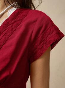 Bohemela Women's Solid Color Short Sleeve Front Button Casual Blouse - Red - View 5