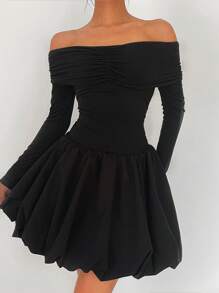 Siren Gaze New Off-Shoulder Puff & Peplum Black Mini Dress For Women, Fall Winter Elegant Evening Dress Party - Black - View 1