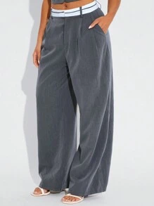 SHEIN SXY Women Contrast Color Waist Pocket Pleated Loose Suit Pants High Waisted Pants