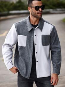SHEIN Manfinity Homme Plus Size Men's Contrast Color Pocket Long Sleeve Casual Shacket, Spring Autumn - Multicolor - View 6