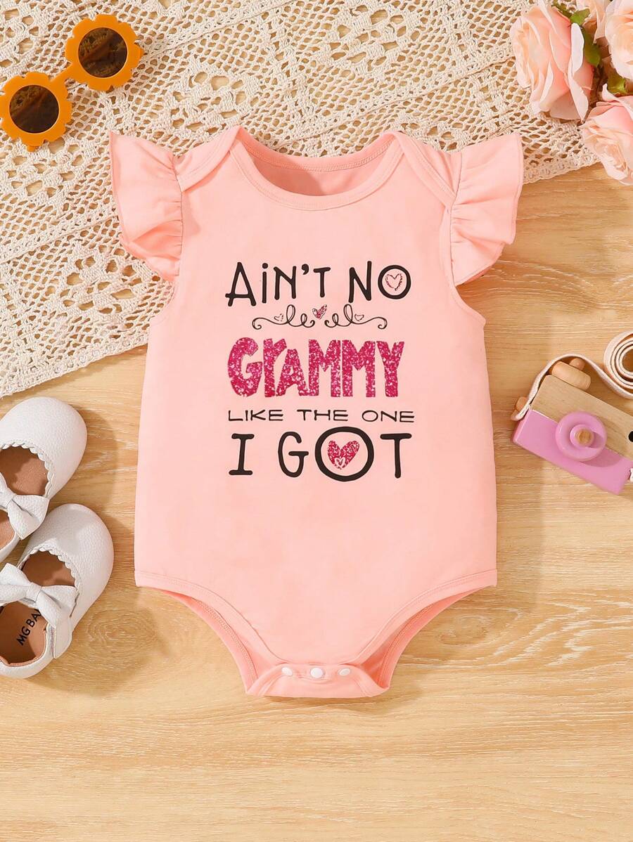 SHEIN Vintaside Kids Baby Girls' Lovely Letter & Heart Printed Comfortable Casual Ruffle Playsuit With Ruffle Hem, Summer