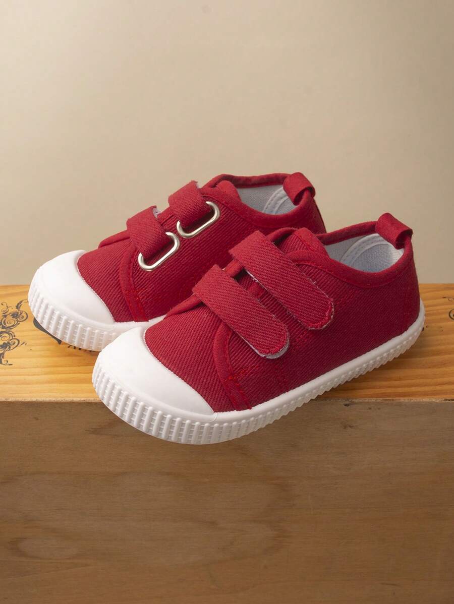 1 双女孩红色帆布钩环平底休闲舒适透气学生运动鞋适合四季日常穿着 - 紅色 - 查看 1
