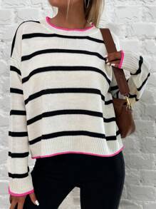 SHEIN LUNE Của phụ nữ Sọc Thả vai Tay áo dài Áo len - trắng - Xem 3