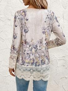EMERY ROSE Women's Spring/Summer Floral Printed Contrast Lace Round Neck Long Sleeve T-Shirt - Multicolor - View 2