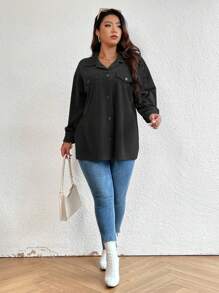 SHEIN LUNE 大码女式纯色落肩休闲长袖宽松夹克，春秋季 - 黑色 - 查看 6