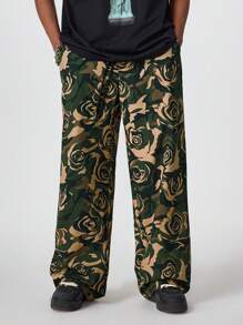 Manfinity RebelGame 男式数码印花宽松直筒梭织长裤 - 軍綠色 - 查看 4