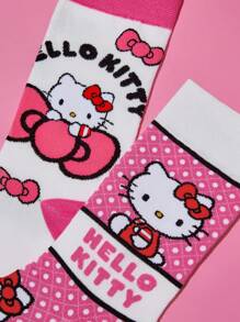 HELLO KITTY AND FRIENDS | SHEIN 2 套女式卡通圆点蝴蝶结图案粉色拼色中筒袜