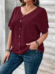EMERY ROSE Plus Size Women's Solid Color Button Embellished Short Sleeve Shirt For Spring - Rose Red - View 4