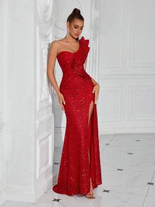 ADYCE 1 件女式荷叶边前开衩露背派对中长连衣裙，正式晚会舞会礼服，适合毕业典礼 - 紅色 - 查看 5