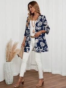 EMERY ROSE 女式休闲宽松植物叶图案 3/4 袖夏季衬衫 - 藏蓝色 - 查看 4