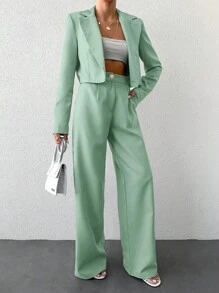 EURMUSE Solid Lapel Neck Blazer & Wide Leg Pants - Green - View 3