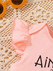 SHEIN Vintaside Kids Baby Girls' Lovely Letter & Heart Printed Comfortable Casual Ruffle Playsuit With Ruffle Hem, Summer