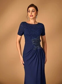 SHEIN Belle Elegant And Noble Navy Blue Sequined Lace Splicing Chiffon Fabric, Mid-Length Sleeves, Gathered, Sequined Pearl Three-Dimensional Appliques, Waist Section, Gathered, A-Line Hem, Wedding Event Occasion, Party, Formal Mother Of The Bride Dress, Evening Dress - Navy Blue - View 2