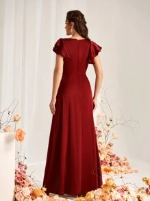 SHEIN Belle Vải satin đỏ tía thanh lịch và lãng mạn Cổ áo hình trái tim Xếp chồng Nếp gấp Trang trí thắt lưng Tay áo xếp nếp Xếp chồng Khe xẻ Viền chữ A Thích hợp cho các dịp cưới Váy phù dâu trang trọng - Màu Đỏ Sâu - Xem 2